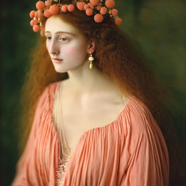 Image similar to Kodak Portra 400, 8K, soft light, volumetric lighting, highly detailed, britt marling style 3/4 ,portrait photo of a beautiful woman how pre-Raphaelites painter, dressed in long elegant intricate ornamental ethereal coral and shells dress, natural skin tone, highly detailed realistic flowers ornament in the upper side of breast, bust with a long beautiful neck , long dark hair are intricate with highly detailed realistic coral and shells, elegant, Realistic, Refined, Highly Detailed, natural outdoor soft pastel lighting colors scheme, outdoor fine art photography, Hyper realistic, photo realistic