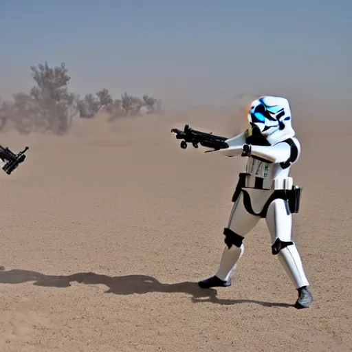 Image similar to Action shot of stormtrooper having a firefight with jedi knights, lightsabers and lasers, desert