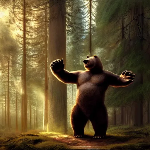 Image similar to a giant humanoid bear singing on a stage in a forest, digital art, detailed face, highly detailed, calm, deviantart, art by greg rutkowski, artstation, natural lighting, dramatic