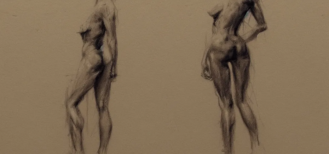 Prompt: simple quick sketch on paper of a female model posing, anatomy study by jeremy mann and greg rutkowski