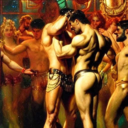 Image similar to muscular zeus wears leather at a dance club and falls in love with the handsome god jupiter, painting by gaston bussiere, craig mullins, j. c. leyendecker, tom of finland