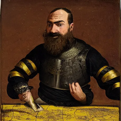 Prompt: Portrait of frustrated and acerbic male medieval sergeant with a short beard wearing a {black and yellow tabard} over a steel breastplate and a black gambeson with his hands planted on a table with a war theater map, by Greg Rutkowski, {perfect face}, {perfect eyes}, {hands planted on war table while standing}, fantasy