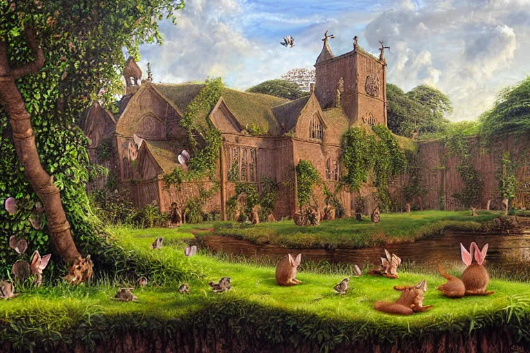 Image similar to an elaborate and dense painting of redwall abbey in mossflower wood with lots of mice and rabbits and otters walking around, detailed by brian jacques and greg rutowski