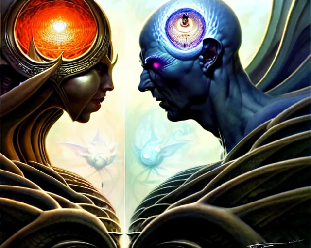 Image similar to the battle between good and evil, fantasy character portrait made of fractals facing each other, ultra realistic, wide angle, intricate details, the fifth element artifacts, highly detailed by peter mohrbacher, hajime sorayama, wayne barlowe, boris vallejo, aaron horkey, gaston bussiere, craig mullins