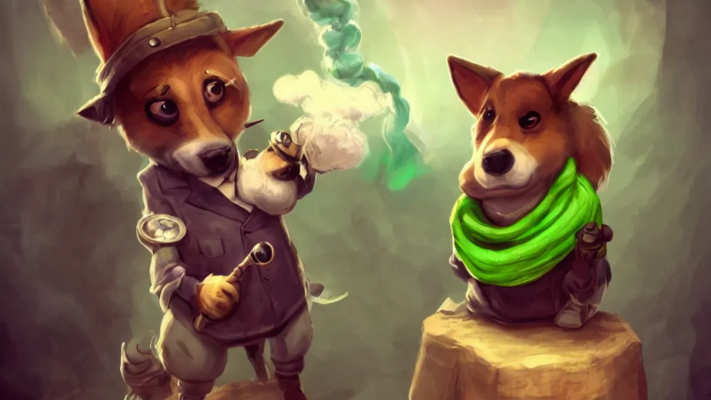 Image similar to An anthropomorphic corgi with a smoking pipe and a green scarf around his neck dressed as a wandering salesman in a fantasy setting. He has a miniature donkey loaded up with all of his wares, dreamscape, dramatic lighting, fantasy art illustration, trending on artstation, Aetherpunk