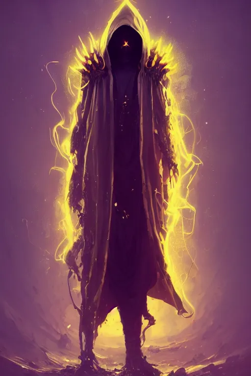 Image similar to A full body portrait of a mysterious character with no face with a very long hooded yellow cloak, a golden crown floating above his head tentacles coming out the ground art by Maciej Kuciara and Jason Chan, ominous, cosmic horror, trending on artstation, Ultra detailed, hyper realistic 4k