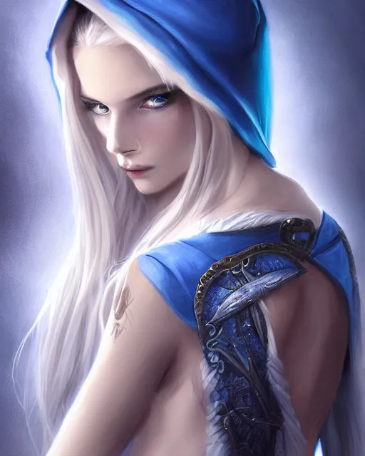 Image similar to A beautiful mysterious girl with hooded cobalt-blue eyes and silky white hair, guitar shape build, her wardrobe is attractive, full body, fantasy art, in the style of Tony Sart, illustration, epic art, fantasy, intricate, elgant, amazing detail, digital painting, artstation, concept art, smooth, sharp focus