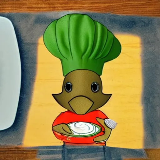 Prompt: cute platypus wearing a chef hat while holding a lasagna with three basil leaves over the lasagna