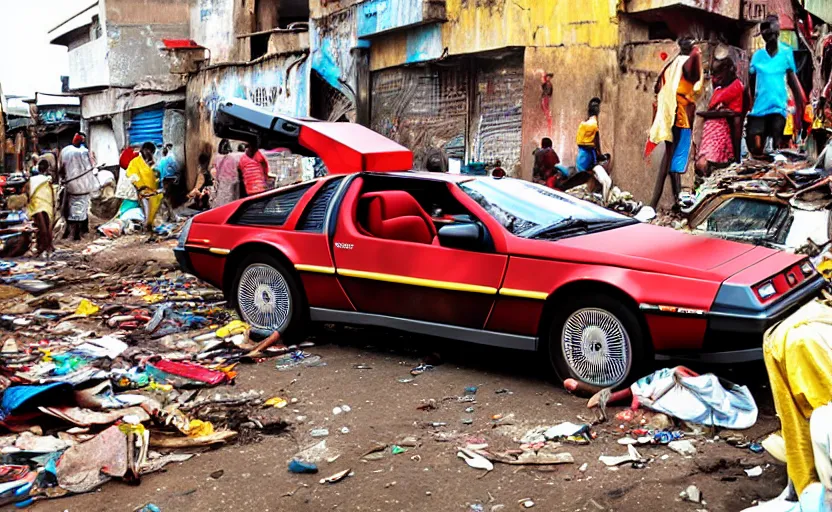 Image similar to a red and yellow delorean in ajegunle slums of lagos - nigeria, magazine collage, masterpiece,