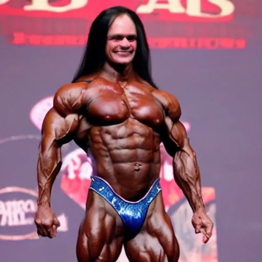 Image similar to johann sebastian bach wins mr. universe bodybuilding contest, wearing powdered wig, photographed for reuters
