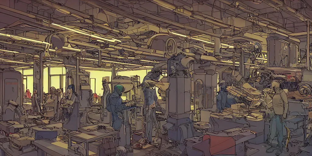 Prompt: an illustration of a mechanics workshop. interior. science fiction art. moebius. futuristic. high detail. digital painting.