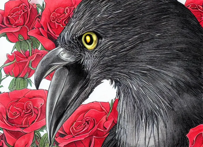 Prompt: portrait, A crow with red eyes in front of the full big moon, book cover, red roses, red white black colors, establishing shot, extremly high detail, foto realistic, cinematic lighting, pen and ink, intricate line drawings, by Yoshitaka Amano, Ruan Jia, Kentaro Miura, Artgerm, post processed, concept art, artstation, matte painting, style by eddie, raphael lacoste, alex ross