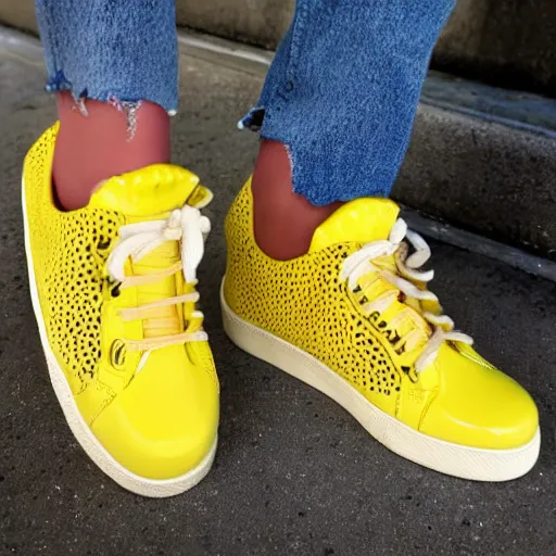 Image similar to yellow sneaker shoe full of holes that is made from Swiss cheese