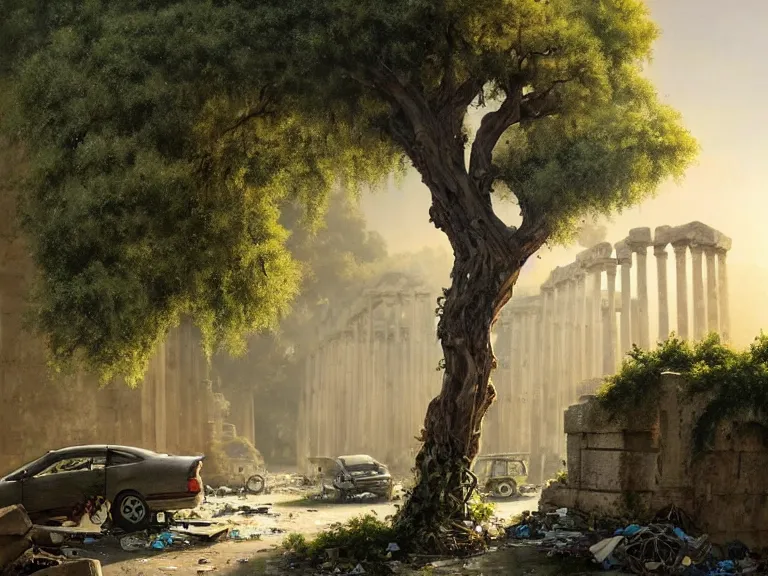 Prompt: a tree growing in ancient greek ruins, gray wasteland, many scrap cars, trash, rubble, overgrown, pillars and arches, flowers, vines, hyperrealistic, highly detailed, cinematic, ray of golden sunlight shining on the tree, beautiful, cgssociety, artstation, 8 k, oil painting by greg rutkowski, by artgerm, by wlop