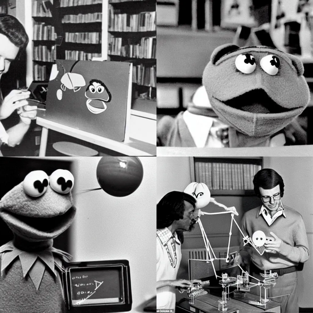 Prompt: 1970s photo of Kermit the frog teaching physics