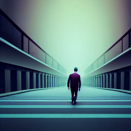 Image similar to photo - realistic, painting of a man walking alone in the boulevard of broken dreams, stairs in the background, hyper detail, sharp, in the style of beeple, mobeius, rule of thirds