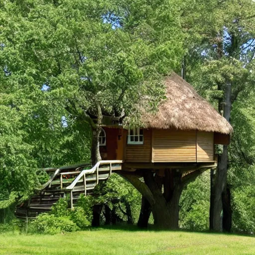 Prompt: treehouse in the countryside on a sunny day, peaceful, brush strokes