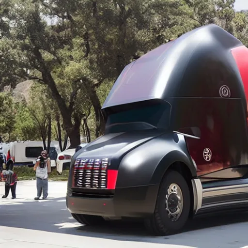 Prompt: Elon Musk throwing a giant boulder into his cybertruck in an expo