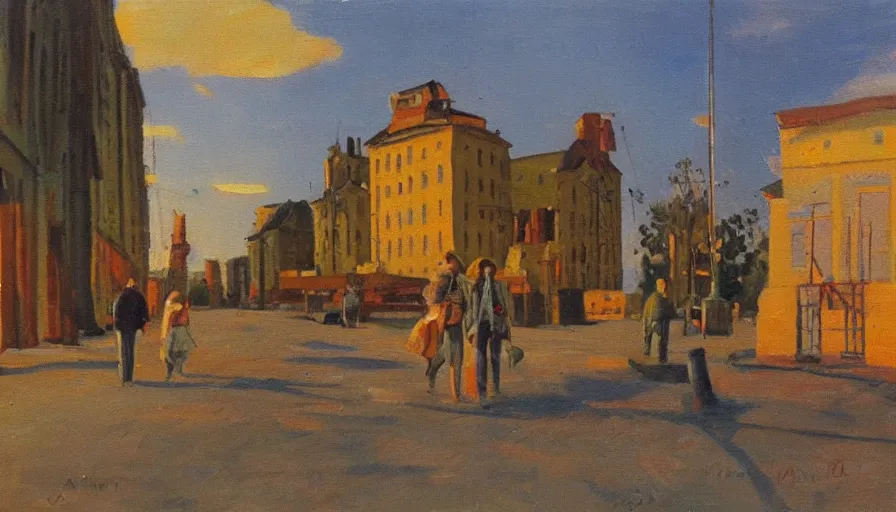 Image similar to painting by artemov leonid, evening landscape in the city and two people on the road
