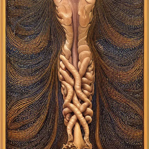 Image similar to intarsia inlay organic, insane by jean delville, by dino valls. a land art of the human intestine in all its glory. each section of the intestine is labelled, & various items & creatures can be seen inside, such as bacteria, food particles, & even a little mouse.