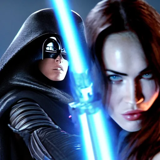 Image similar to first shot of megan fox fighting darth vader in star wars reboot, ( eos 5 ds r, iso 1 0 0, f / 8, 1 / 1 2 5, 8 4 mm, postprocessed, crisp face, facial features )