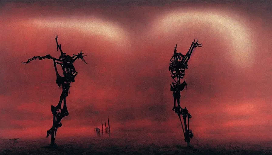 Image similar to landscape painting, the skeletal angel of death descends from the heavens, artwork by zdzislaw beksinski, red sky