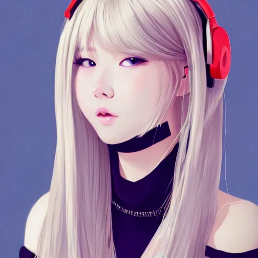 Image similar to realistic beautiful gorgeous natural cute Blackpink Lalisa Manoban blonde hair cute fur blonde cat ears, wearing camisole, wearing headphones, wearing black leather choker artwork drawn full HD 4K highest quality in artstyle by professional artists WLOP, Taejune Kim, Guweiz on Artstation Pixiv