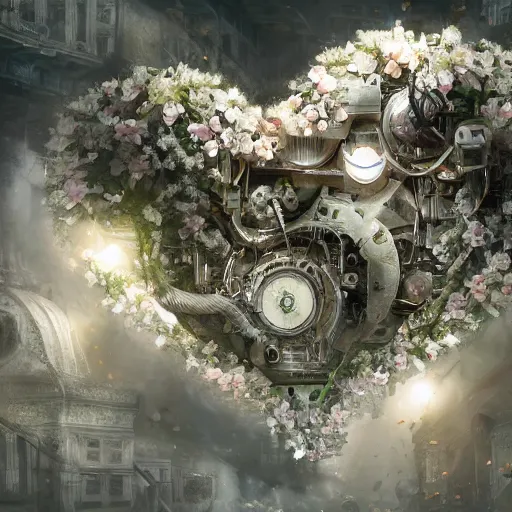 Image similar to biocomputer heart with white biocomputer flowers and biomechanical flowers, intricate environment, matte painting, diffused lighting, highly detailed cinematic, epic composition, highly detailed, atmospheric, wide angle, artstation trending