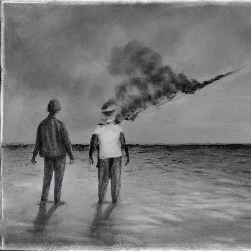 Prompt: a gloomy photo of spongebob and patrick standing on the beach, d-day, smoke, fire, detailed, realistic, hyper-realism,