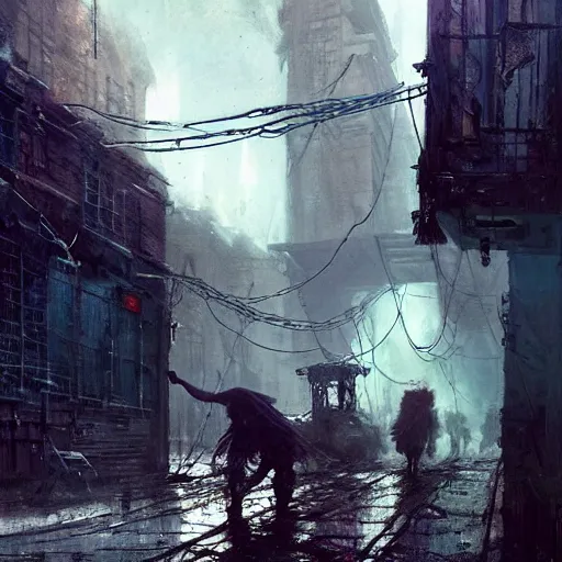 Prompt: sadie sink quickly runs by us | a mechanical monstrosity runs towards us | background : alleyway near decaying tenements. concept art for scifi dystopian film. by nikolay makovsky, bob byerley, wadim kashin, andrea kowch. cinematic moody atmosphere, detailed and intricate, perfect anatomy