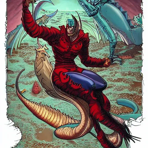 Image similar to am a jean giraud, artgerm, devil in armor made of iron and dragon bones, with hellish devil wings, in a chameleon - colored suit with a pearl shade