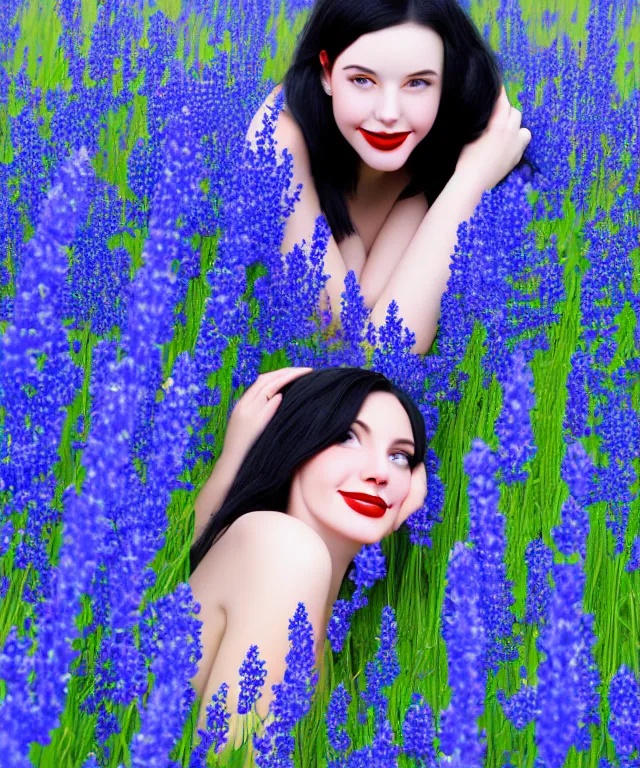 Image similar to happy girl with black hair, red lips, lying in a field of blue flowers, highly detailed, matte painting, academic drawing