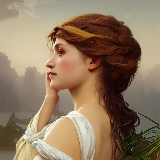 Image similar to maiden on the river styx, intricate, elegant, highly detailed, digital painting, artstation, concept art, smooth, sharp focus, illustration, art by artgerm and greg rutkowski and alphonse mucha and william - adolphe bouguereau