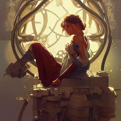 Prompt: Female mechanic, intricate, elegant, highly detailed, digital painting, artstation, concept art, illustration, art by Artgerm and Greg Rutkowski and Alphonse Mucha