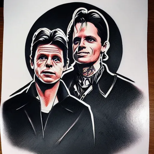 Image similar to tattoo design, stencil, portrait of marty and the doc from back to the future by artgerm