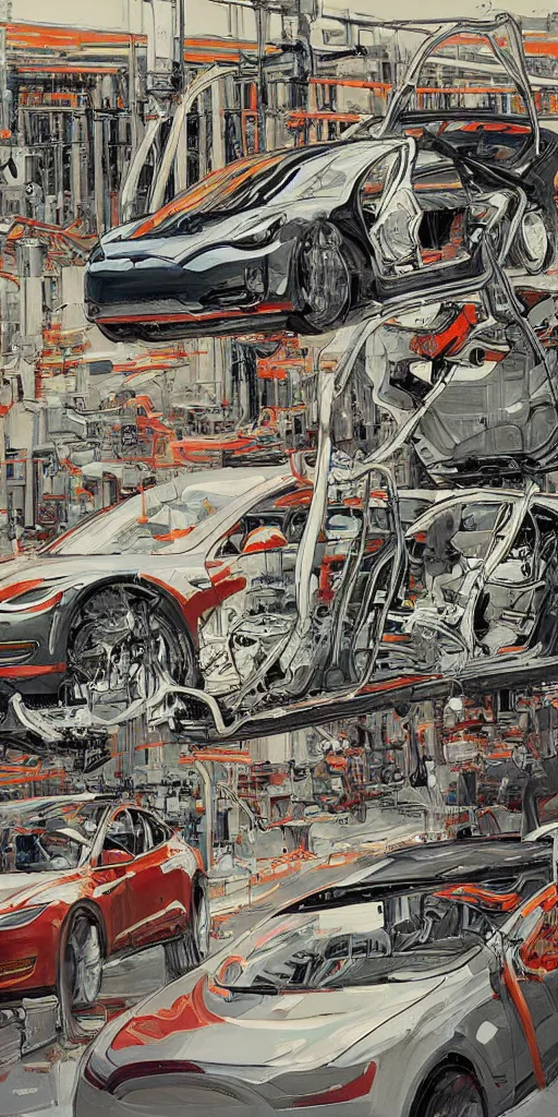 Prompt: oil painting scene from tesla factory by kim jung gi