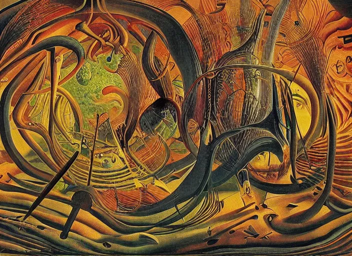 Prompt: a surreal painting titled'the parametric decisions of a fishes strange life made by soft thick flesh and burning wooden stick constructions - the clock of medusa'by salvador dali and max ernst and picasso, dramatic lighting, organic, hyperdetailed, vibrant, intricate fractal strands of gossamer quantum soup