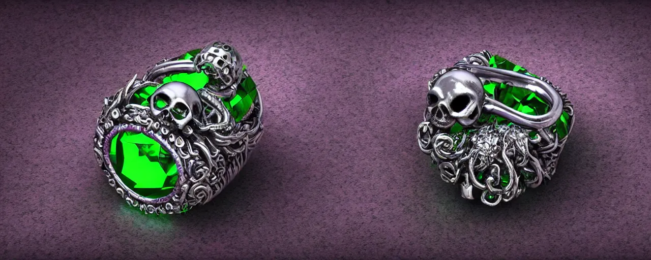 Prompt: simple magic crystal ring of poison, radiant cut, skull, skulls, tentacles, green, black, purple. smooth shank, crystal, engravings, diamonds, product design, jewelry, gold, silver, colorful, art by gerald brom, greg rutkowski and artgerm, photo realism, unreal engine, c 4 d