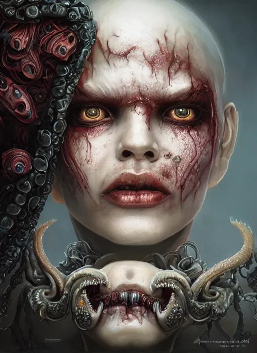 Prompt: a hyper detailed face portrait of the queen of blades, wounded face, diablo 4 lilith, sideshow figurines, cthulu, by tom bagshaw, artgerm, dorian cleavenger, greg rutkowski, wlop, astri lohne, zdzisław beksinski trending on artstation