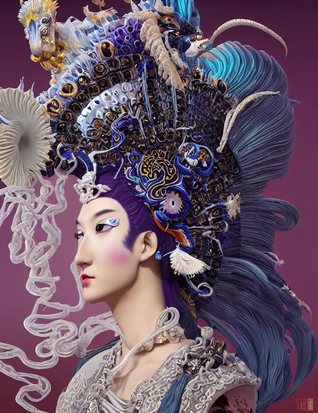 Image similar to 3 d goddess close - up profile simple portrait baroque queen with mohawk with ram skull. beautiful intricately detailed japanese crow kitsune mask and clasical japanese kimono. betta fish, jellyfish phoenix, bio luminescent, plasma, ice, water, wind, creature, artwork by tooth wu and wlop and beeple and greg rutkowski