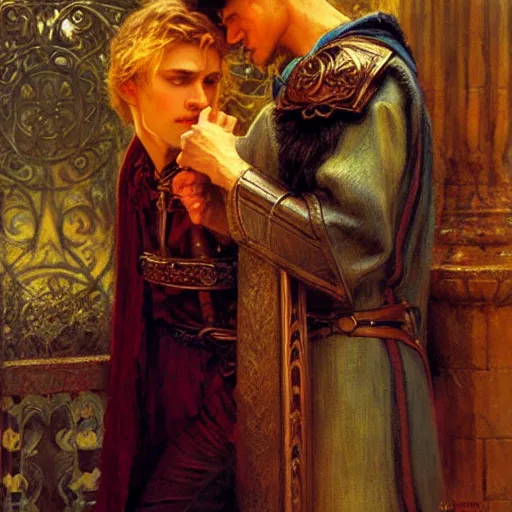 Image similar to attractive, arthur pendragon in love with attractive male, merlin the mage. highly detailed painting by gaston bussiere, craig mullins, j. c. leyendecker