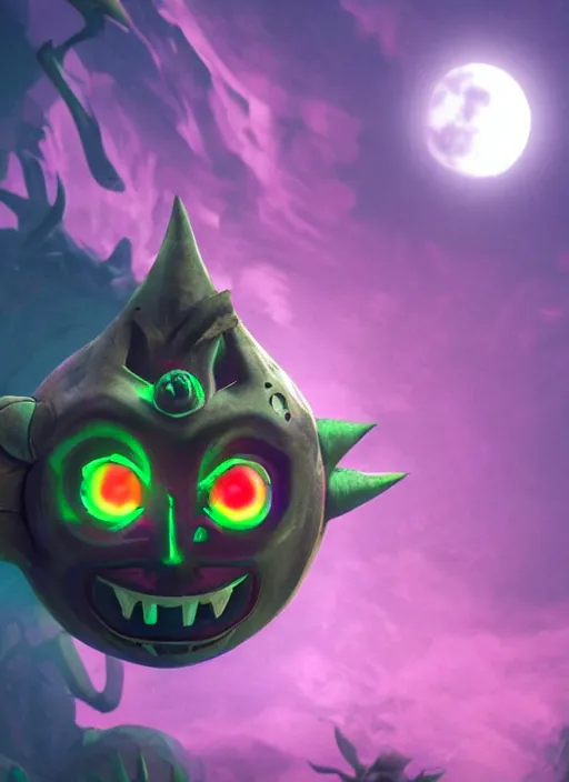 Image similar to majora\'s mask evil moon looking at the viewer maniacally, legend of zelda, dramatic lighting, cinematic, film, dynamic pose, movie scene, colorful, dark art, concept art, 8K, actor as role, octane render, visionary art, artstation,neon lighting, intense shadows