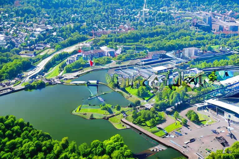 Image similar to bird's eye view photography of a small city. town hall, central farm, monorail station, inlet and shipping dock. hills, woods and pond to the north.