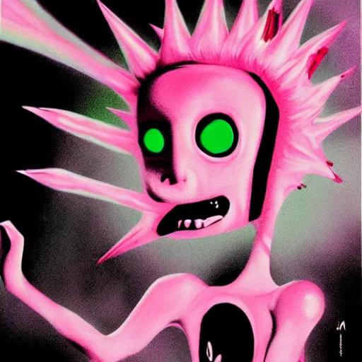 Image similar to a pink punk rock alien with spiked hair, an airbrush painting by Jamie Hewlett, cgsociety, symbolism, antichrist, aesthetic, 8k