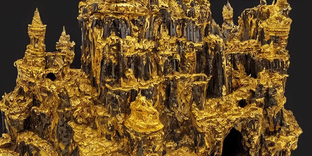 Image similar to ominous ornate obsidian castle with gold filigree on high cliffs with rivers and waterfalls of glowing melted gold. by tom bagshw and by ralph bakshin. power and beauity.