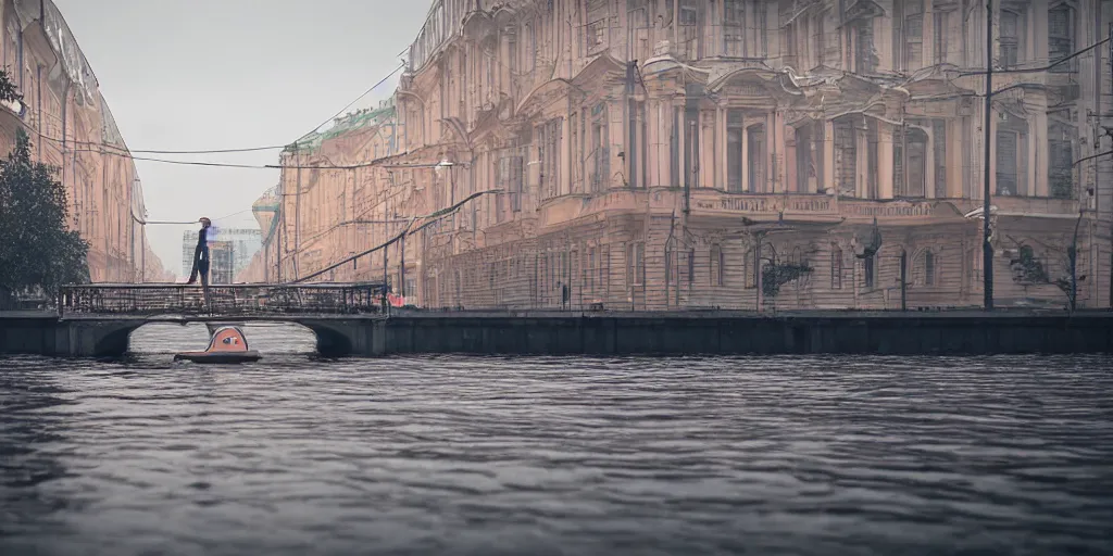 Image similar to cinematic street shot of a floating hoverboarding city saint petersburg city, telephoto, anamorphic cinematography, beautiful composition, color theory, leading lines, photorealistic, moody volumetric lighting