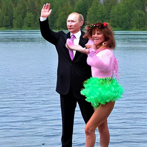 Prompt: ( putin as old gregg ) wearing a pink tutu, on a boat on a lake