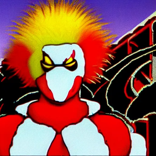 Image similar to image of ronald mcdonald, white face, red afro, red nose and yellow outfit as an enemy in 9 0's mortal kombat 3 sega genesis video game, upscaled to high resolution