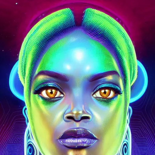 Image similar to african neon goddess, science fiction, highly detailed, digital painting, beautiful eyes, symmetry, concept art, sharp focus, illustration, global illumination, radiant light, synthwave colors, detailed and intricate environment, art by artgerm and greg rutkowski and magali villeneuve and ilya kuvshinov!