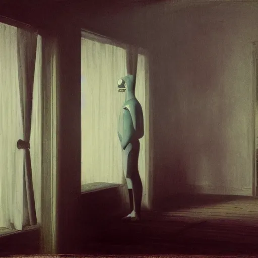 Image similar to creepy Liminal interior of RE7, paintings on the wall, masked person in corner, in the style of Edward Hooper and Vilhelm Hammershøi and Albert Bierstadt